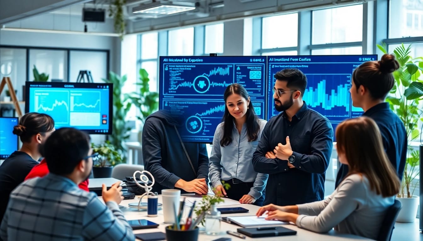 Engaging EORMC AI blockchain development team collaborating in a tech-savvy workspace.