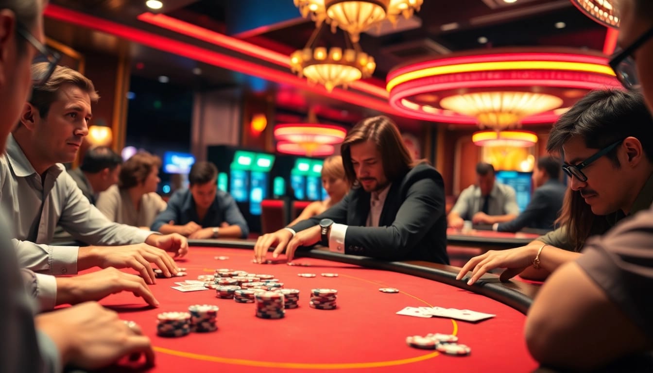 Mole4d fitur permainan kasino menarik dengan pemain poker fokus dan suasana mewah.