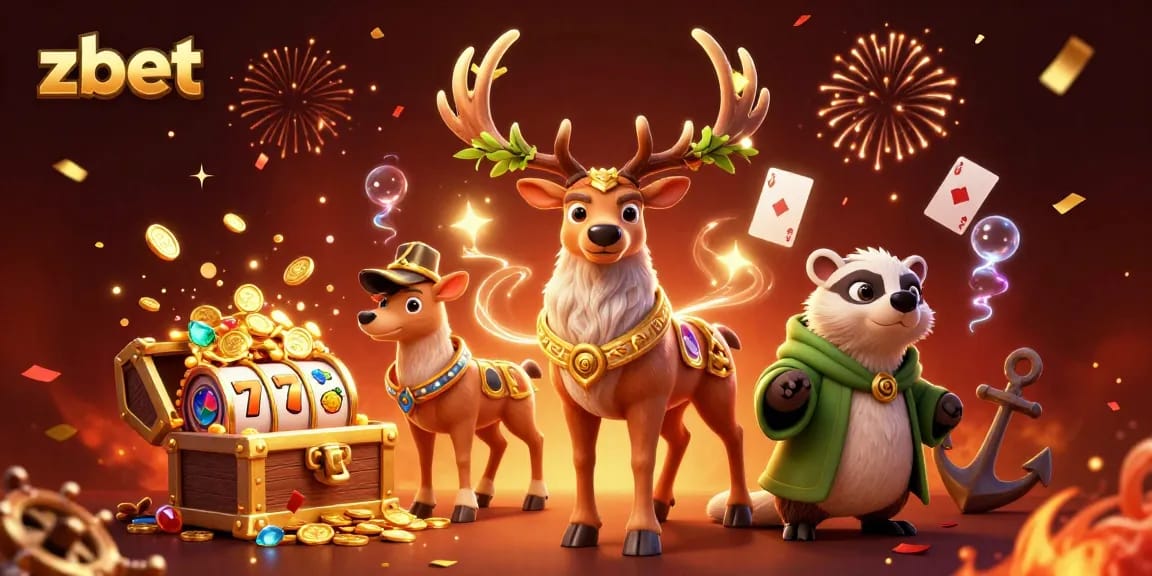 Zbet's vibrant casino adventure featuring a magical stag and treasures, showcasing slot elements and dynamic visuals.