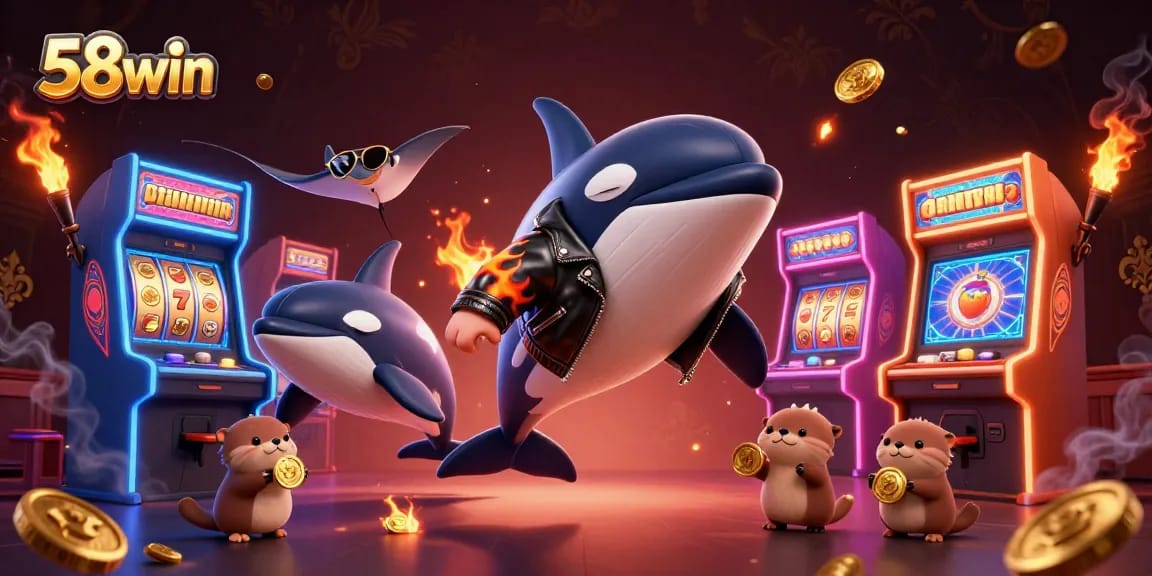 Experience exciting gameplay at 58win as characters leap through vibrant casino elements and golden coins.