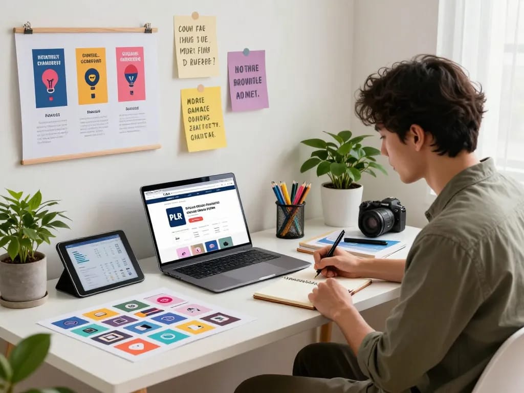 PLR Digital Products for Sale showcased in an entrepreneurial workspace with an engaged entrepreneur creating marketing strategies.
