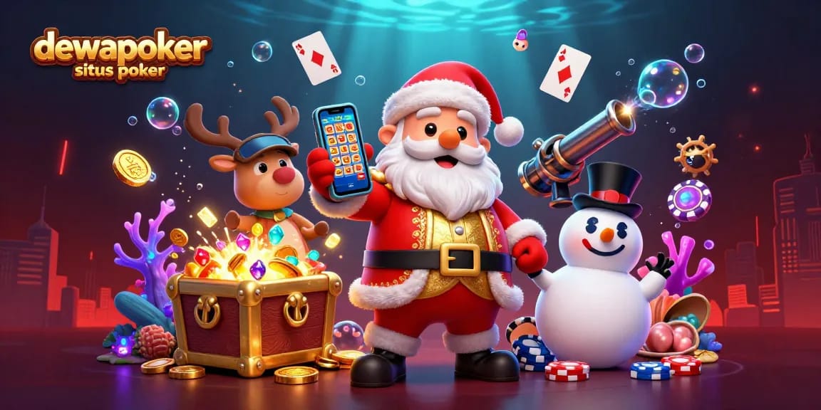 Experience exciting gameplay at dewapoker situs poker with festive characters in an engaging casino scene.