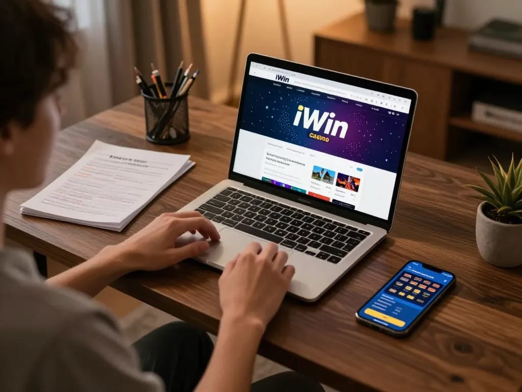 Engaged player exploring iWin casino interface on a laptop for strategic betting insights.