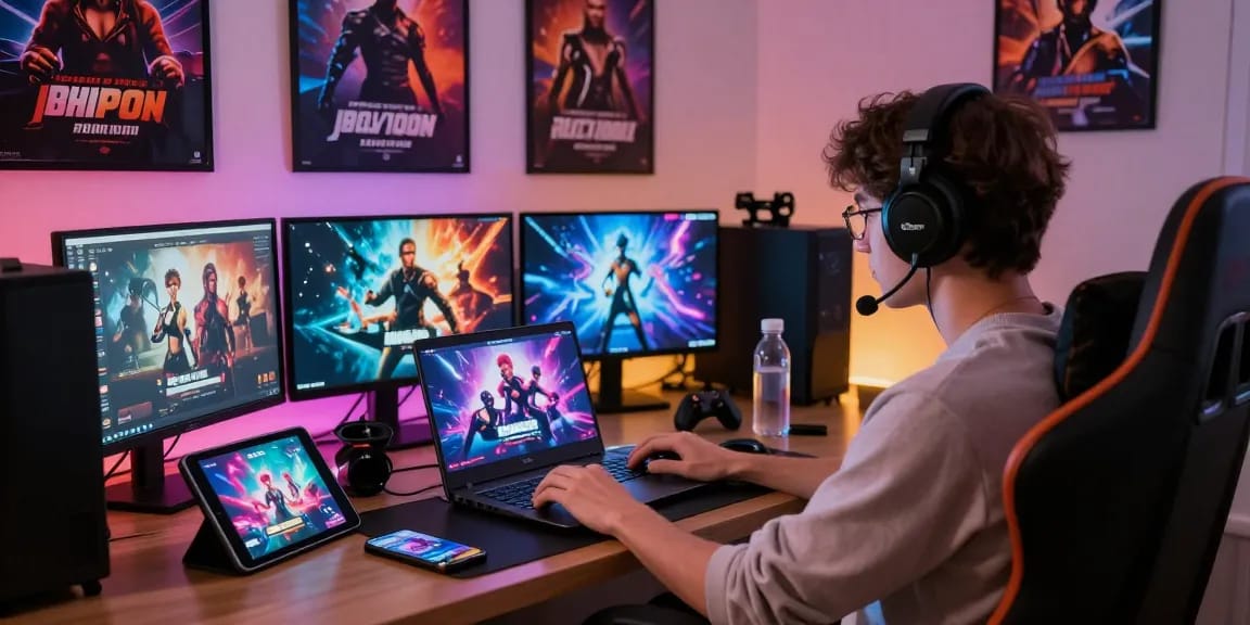 Person engaging in porngame on multiple devices in cozy gaming setup.