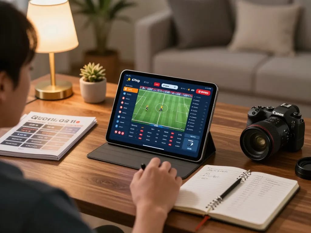 Engaging in sports betting on the 678vip platform with a tablet in a cozy home setting.