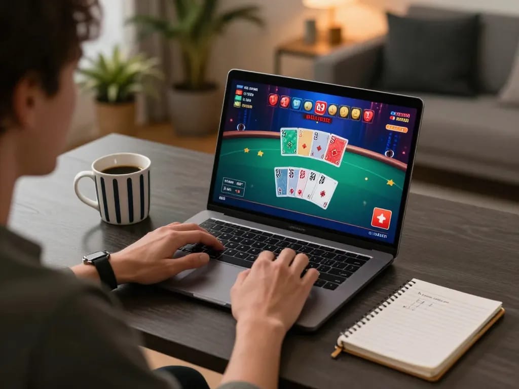 vin88 gaming experience with person playing blackjack online in cozy setup