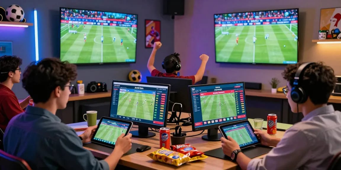 Engaged fans enjoying judi bola on digital devices amidst vibrant sports decor.