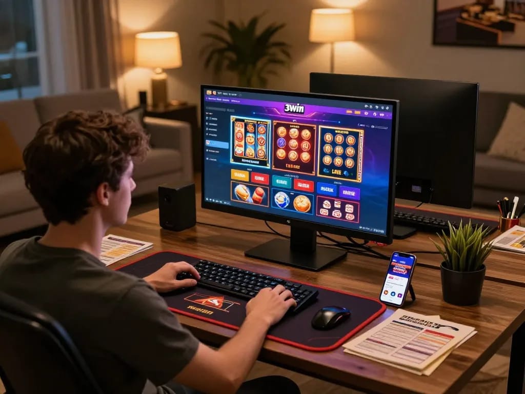Experience the excitement of 3win as a player engages with an online casino game on a sleek setup.