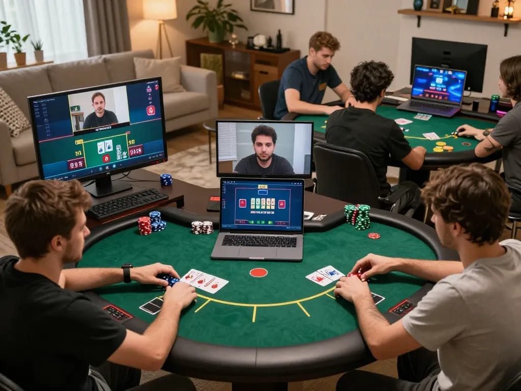 Players engaging in online poker tournament on 23win with colorful screens showcasing dynamic gameplay.