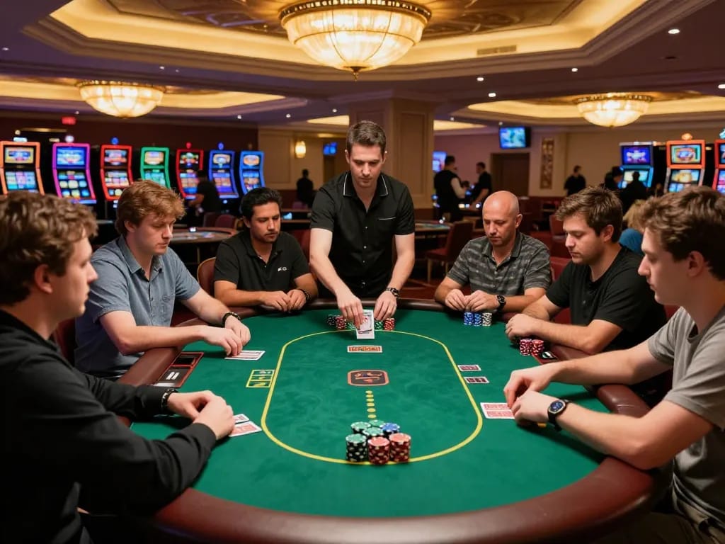 Paito macau enthusiasts analyzing strategies at a luxurious poker table in an upscale casino.