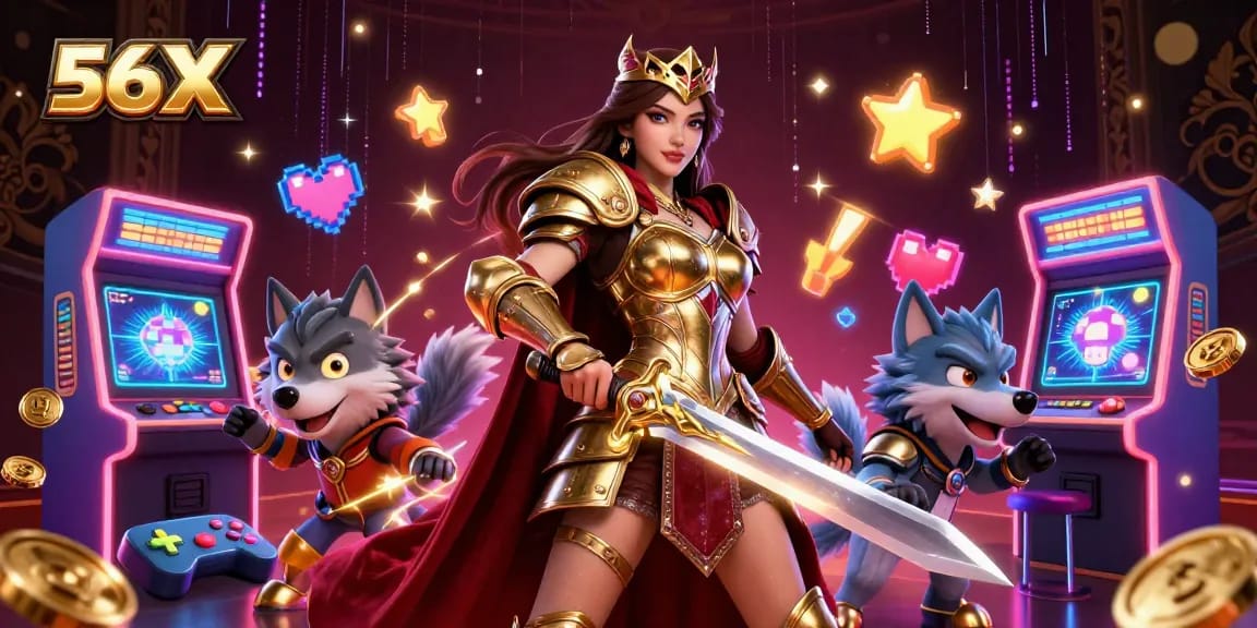 Experience the thrill of 56X with a captivating warrior queen and gaming excitement in a vibrant casino setting.
