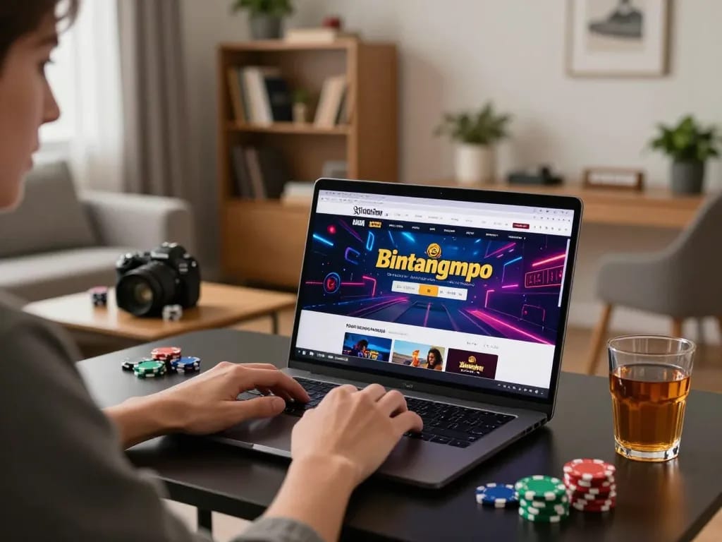 Adegan permainan online Bintangmpo dengan seorang pemain yang fokus pada laptopnya sambil menikmati suasana rumah yang nyaman.