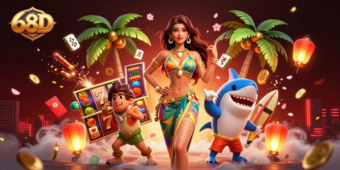 Spin and win with 68D at this vibrantly illustrated casino scene featuring engaging characters and elements.