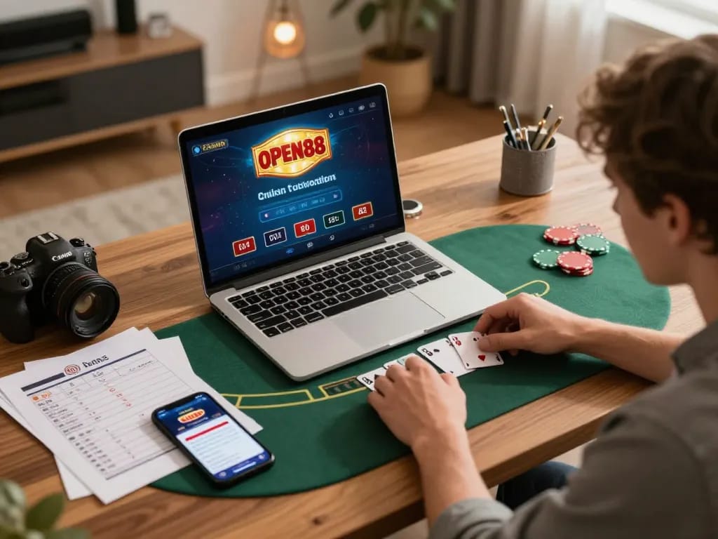 Engaging online gaming moment with open88 app on a stylish laptop while planning strategies.