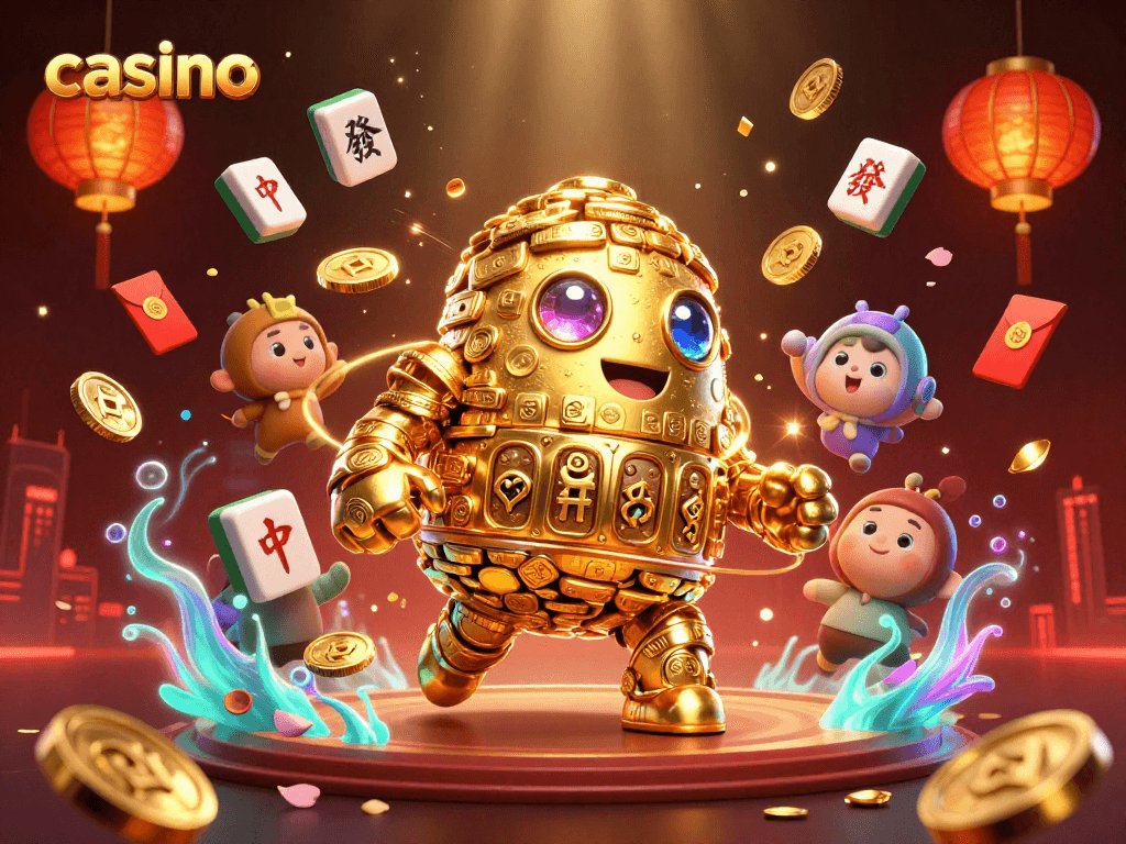 Experience the excitement of a vibrant casino with a dynamic golden golem surrounded by rich elements.