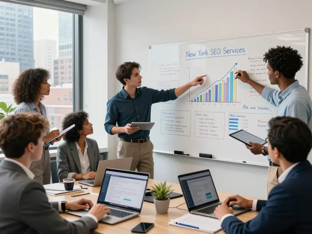 SEO specialists strategizing New York SEO Services in a collaborative office.