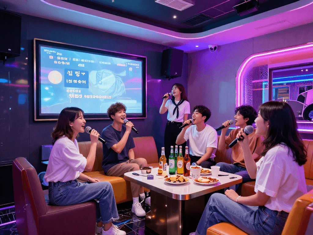 강남 달토 가라오케에서 친구들과 함께 즐거운 노래를 부르는 모습.