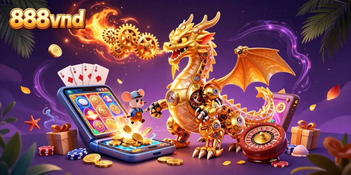 Experience the excitement of 888vnd through a vibrant fantasy scene of a golden dragon amidst casino games.