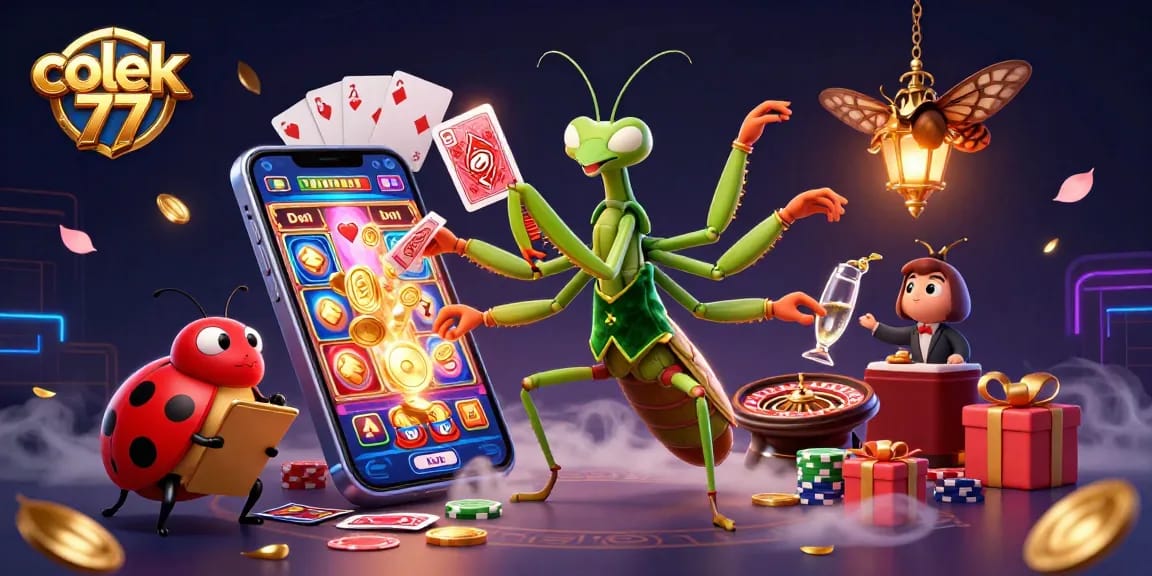 Experience the thrill with colek 77 as a giant mantis card sharp highlights an energetic gambling scene with vibrant slot games!