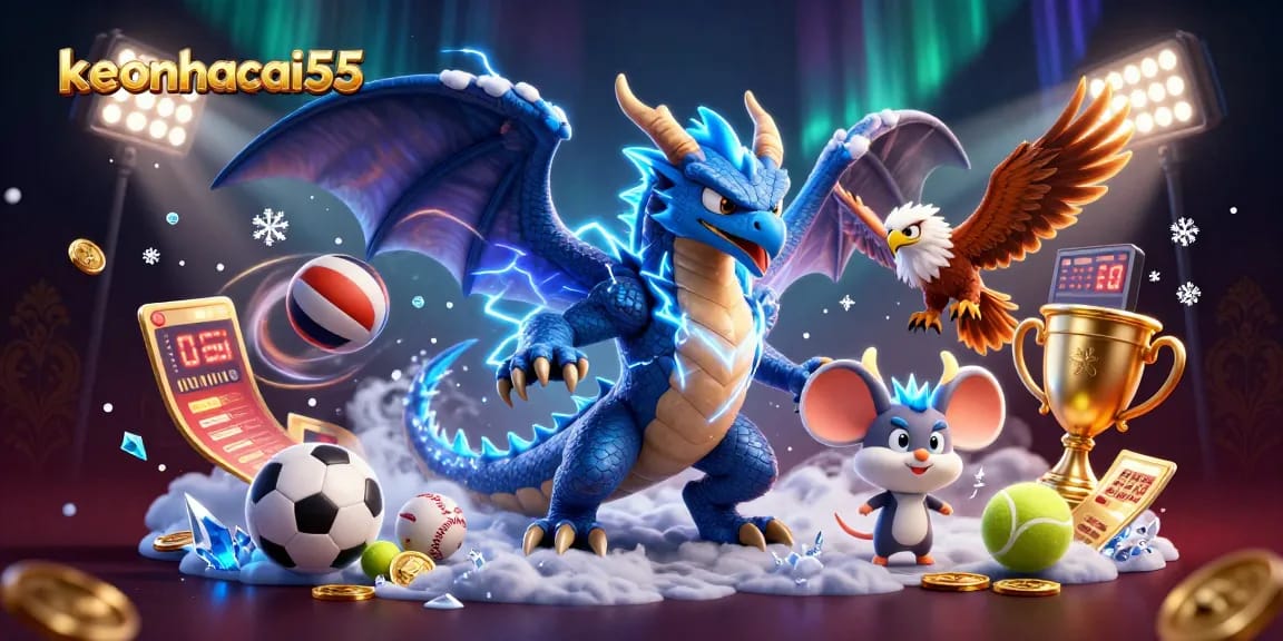 keonhacai55 showcases a thrilling sports betting scene with lightning characters and dynamic sports elements