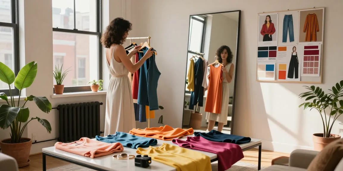 Una consulente di moda crea un guardaroba capsula, mescolando capi alla moda in un appartamento moderno.