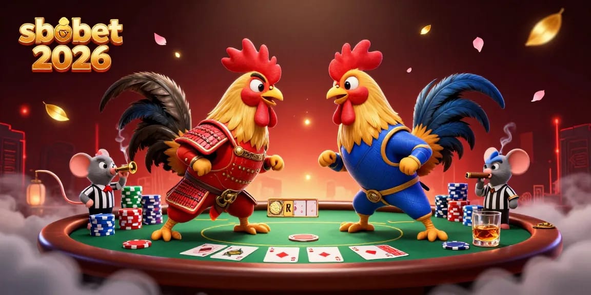 Engage in sbobet 2026 action with dynamic fighting roosters and casino elements in this vibrant illustration.
