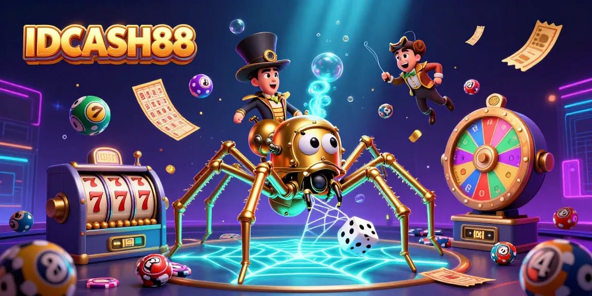 Engage with IDCASH88 as a steampunk spider creates a golden web amidst vibrant lottery scenes.