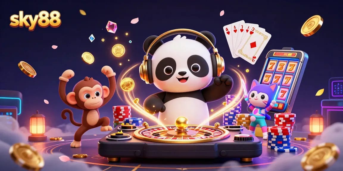 Engage with sky88 in this vibrant 3D illustration showcasing animated casino elements and characters.