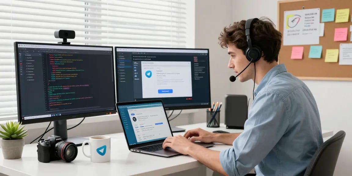 Creating apps with telegram官网, showcasing a modern tech workspace with coding and innovation elements.