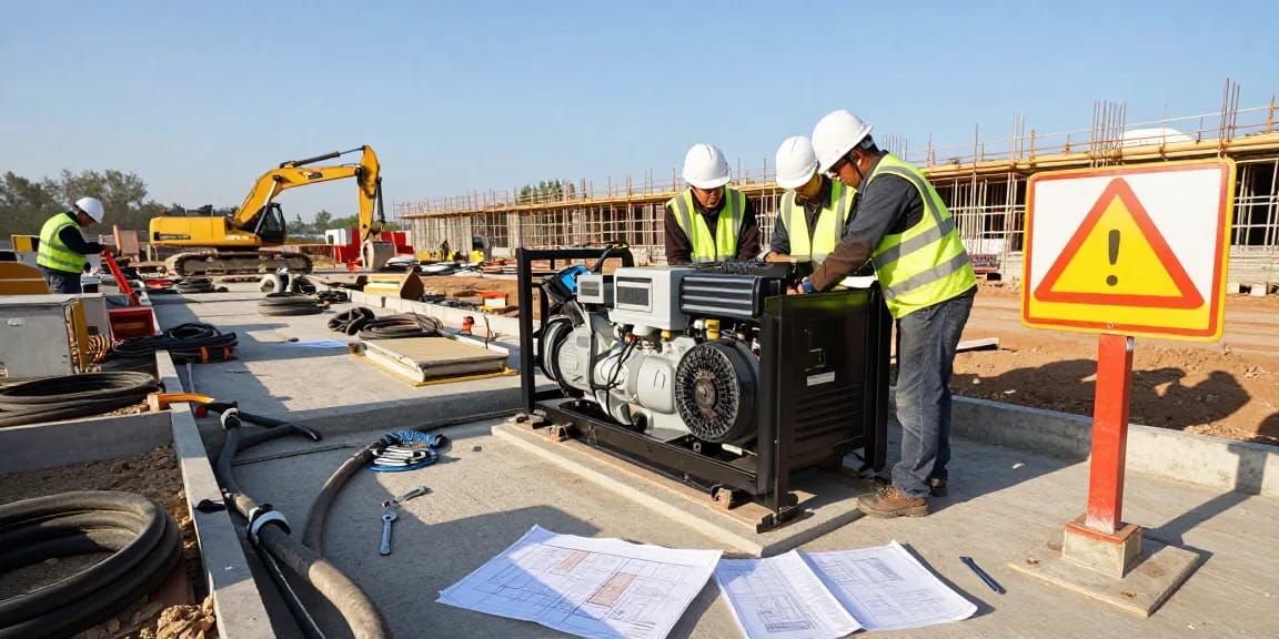 Diesel genset installation at construction site with technicians setting up equipment.