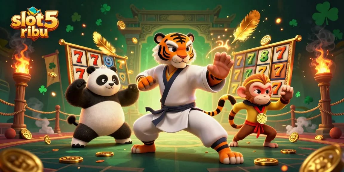 Spin and win with slot 5 ribu action, featuring a kung fu tiger and playful characters in a casino setting.