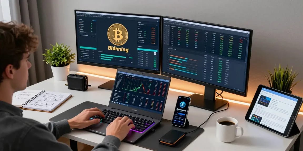 Bitcoin mining online setup in a sleek home office, showcasing dual monitors with mining statistics, crypto market updates, and a hardware wallet for secure transactions.