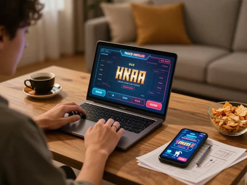 Engaged player at home using ho88 online casino for strategic gaming experience.