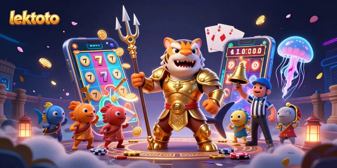 Experience thrilling gameplay with lektoto as a tiger shark battles in a vibrant casino scene.