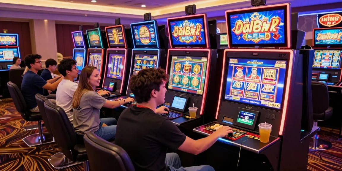 Engaging online slot gaming scene with diverse players using slot deposit 1k options and QRIS payments in a vibrant casino environment.