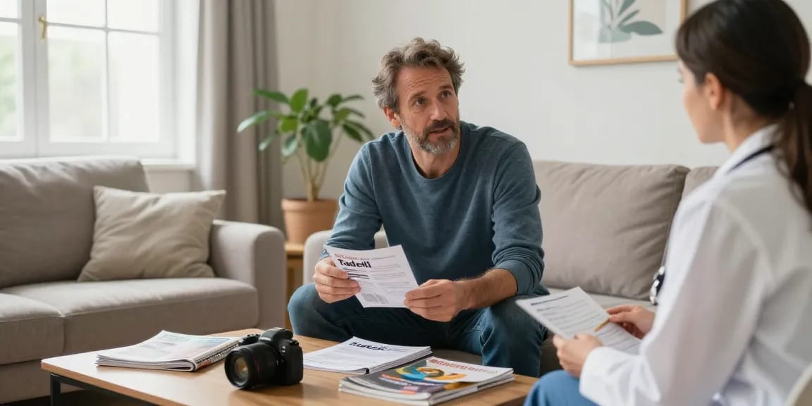 Tadalafil consultation in a cozy living room, focusing on erectile health discussion.