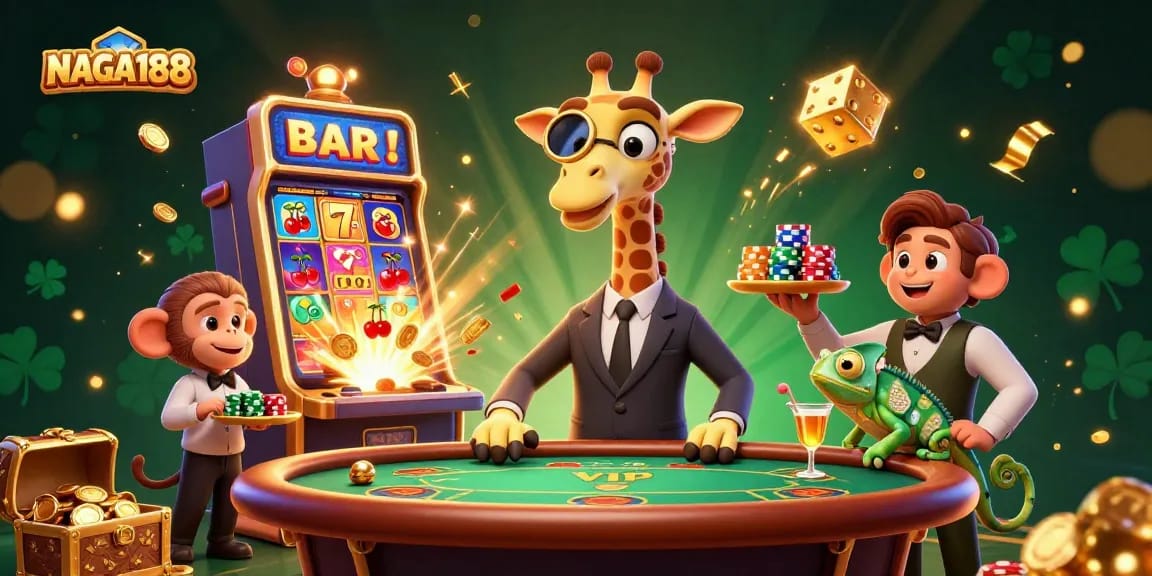 NAGA188 permainan slot di tengah kemeriahan 3D dengan jerapah glamor dan karakter menarik lainnya.