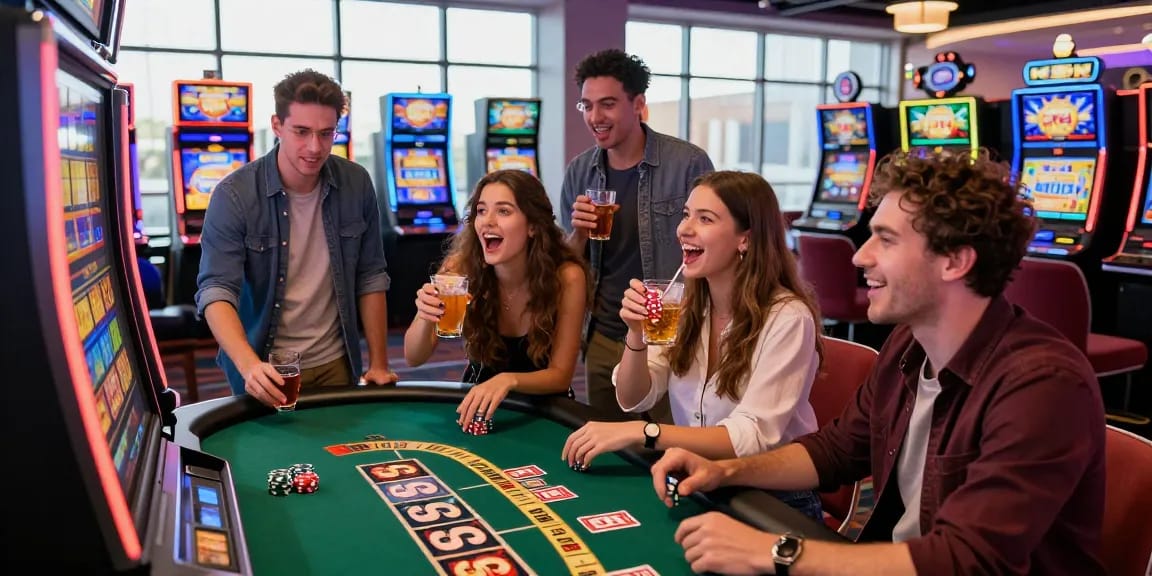 Friends enjoying a thrilling gaming session on slot 5k machine in a vibrant casino atmosphere