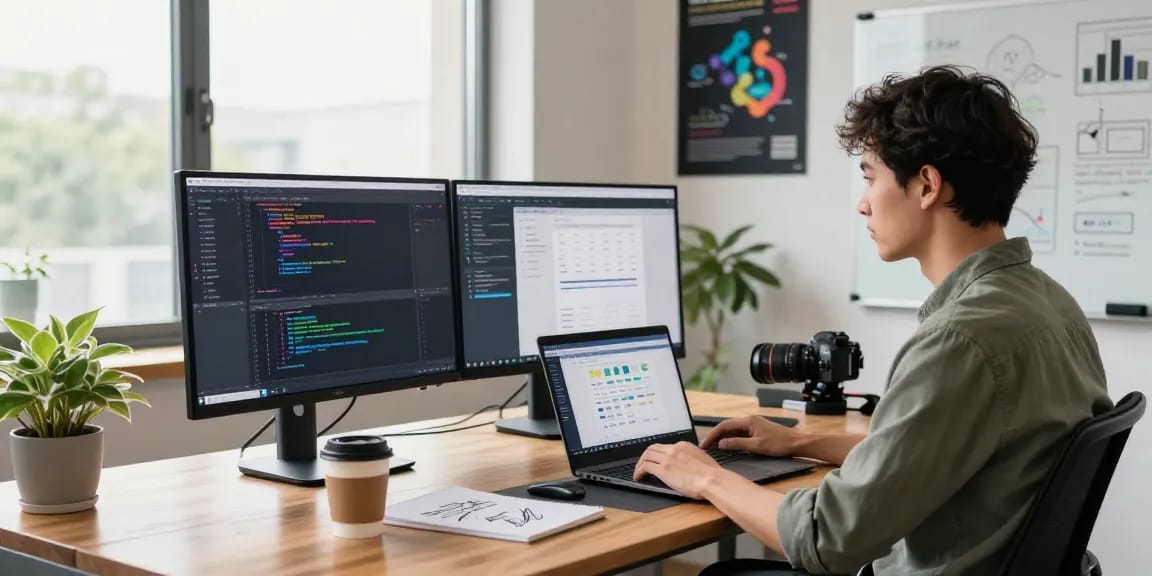 Focused software engineer using 截图软件 in a vibrant tech workspace, showcasing multiple screens and creative tools.