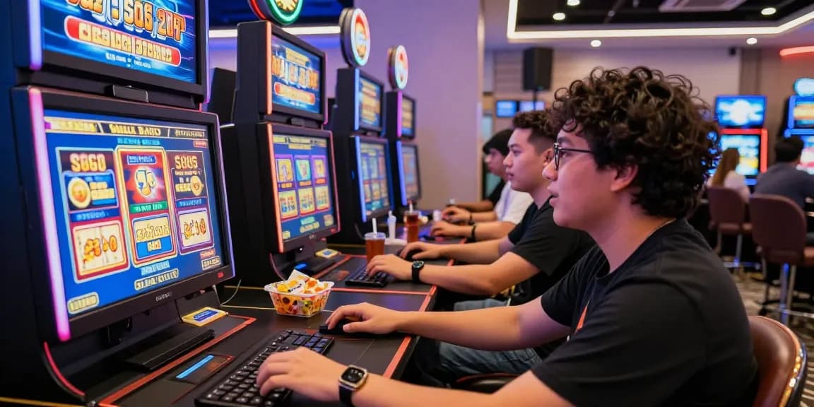 Exciting slot gacor gaming scene with diverse players enjoying a vibrant online casino experience in a modern lounge.