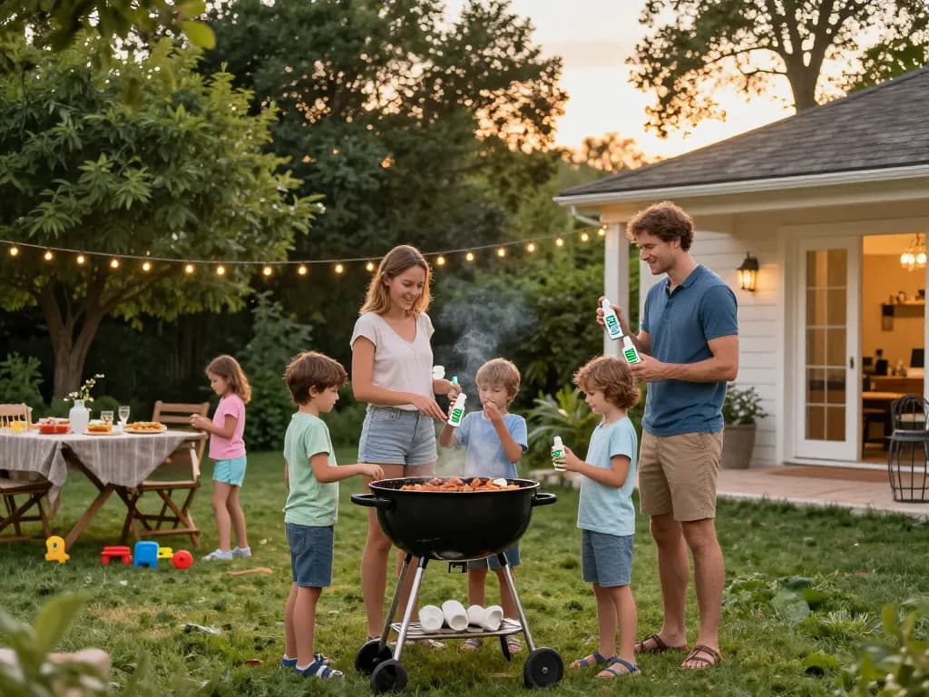 Family enjoying summer barbecue while using the Best Mosquito Repellent for effective outdoor protection.