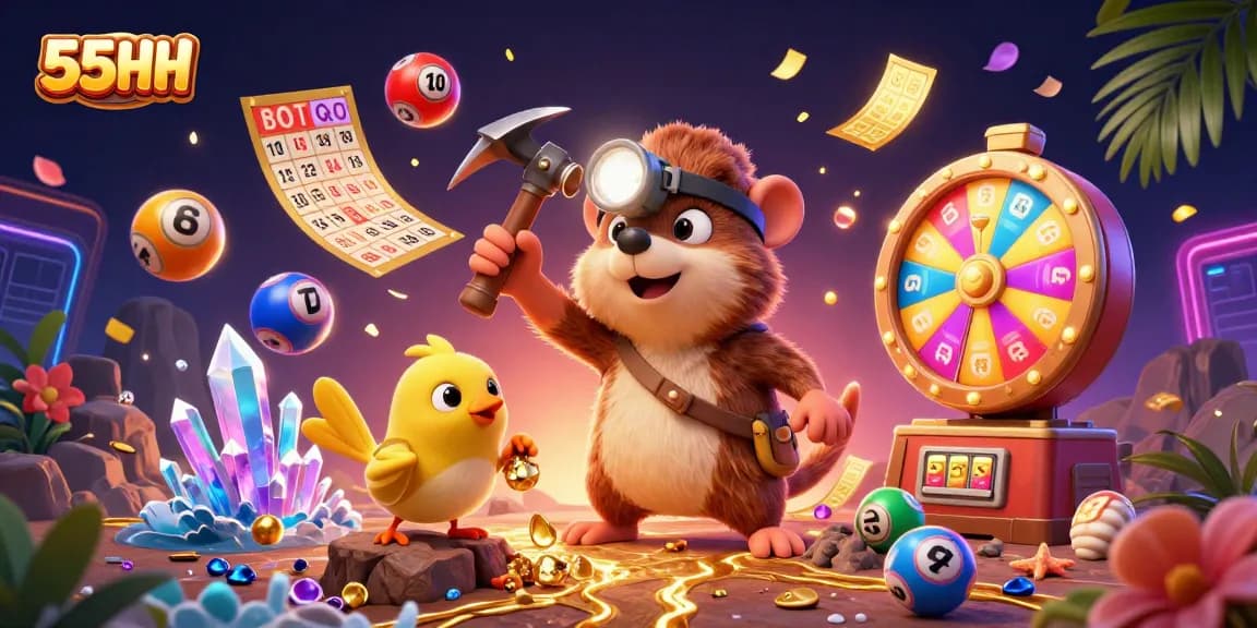 Experience excitement and rewards with 55HH's engaging lottery games and vibrant visuals filled with dynamic elements.