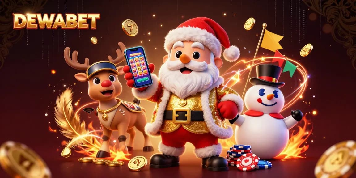 Join DEWABET's festive casino scene with Santa, a reindeer dealer, and a poker chip snowman celebrating jackpot wins.