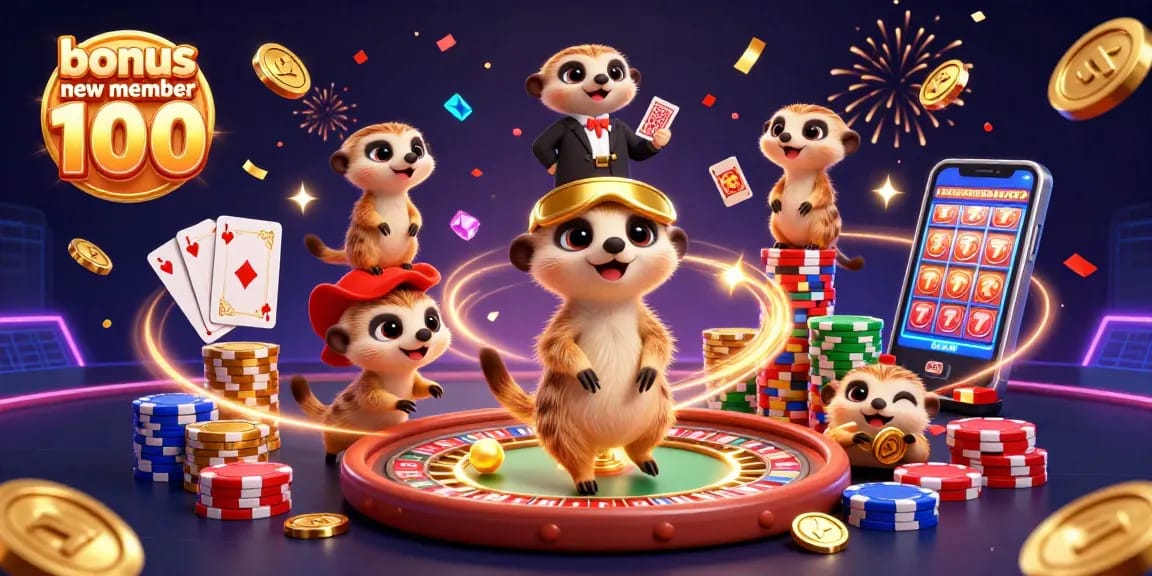 Menangkan bonus new member 100 dengan gambar animasi koloni meerkat menjalankan kasino penuh warna.