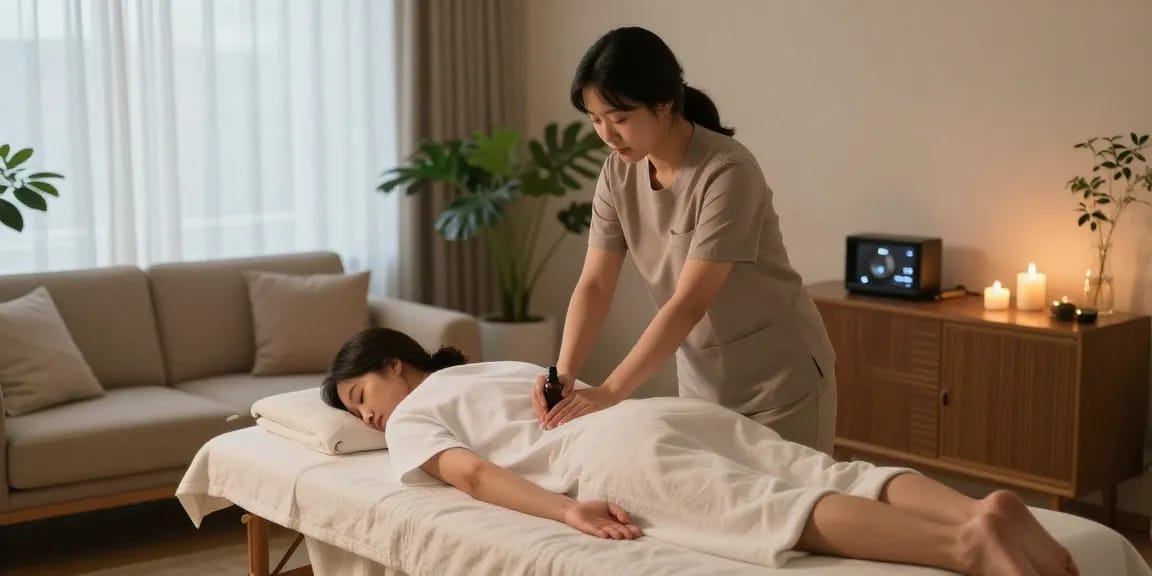 서울출장마사지 중인 마사지사와 고객의 편안한 모습