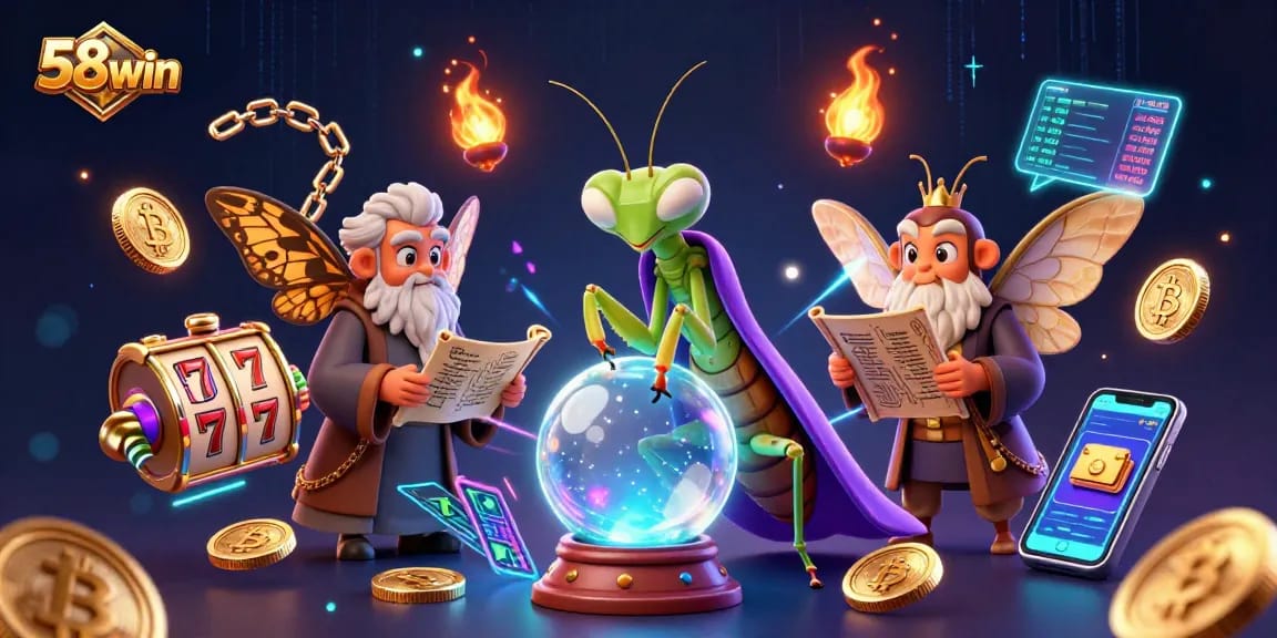 Experience excitement with the 58win casino, featuring vibrant slot reels and a mystical atmosphere.