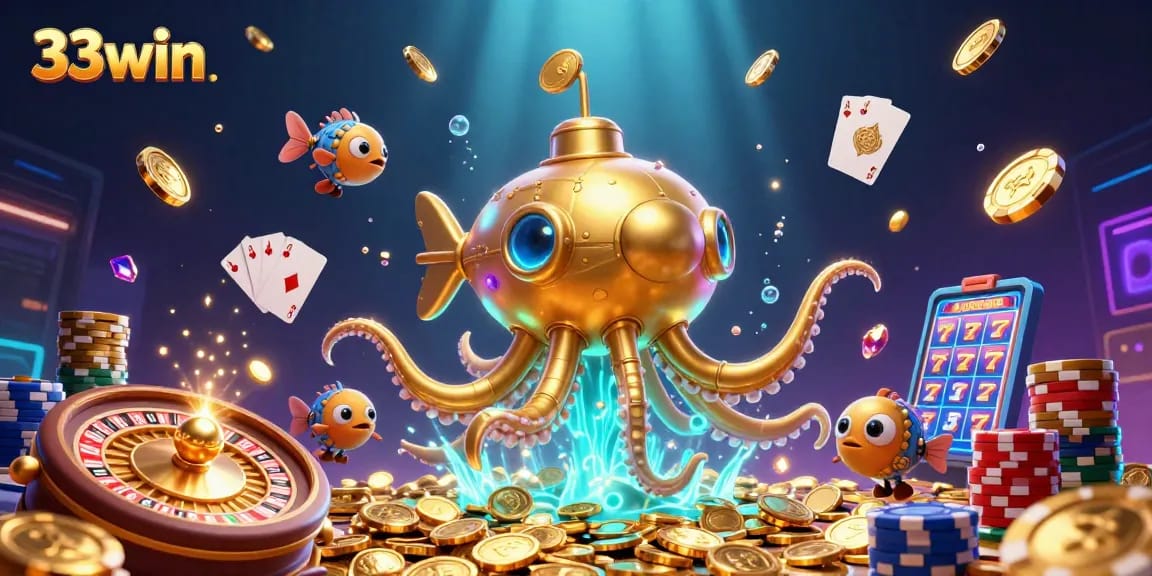 Engage with the 33win saga featuring a thrilling underwater adventure surrounded by coins and casino symbols.