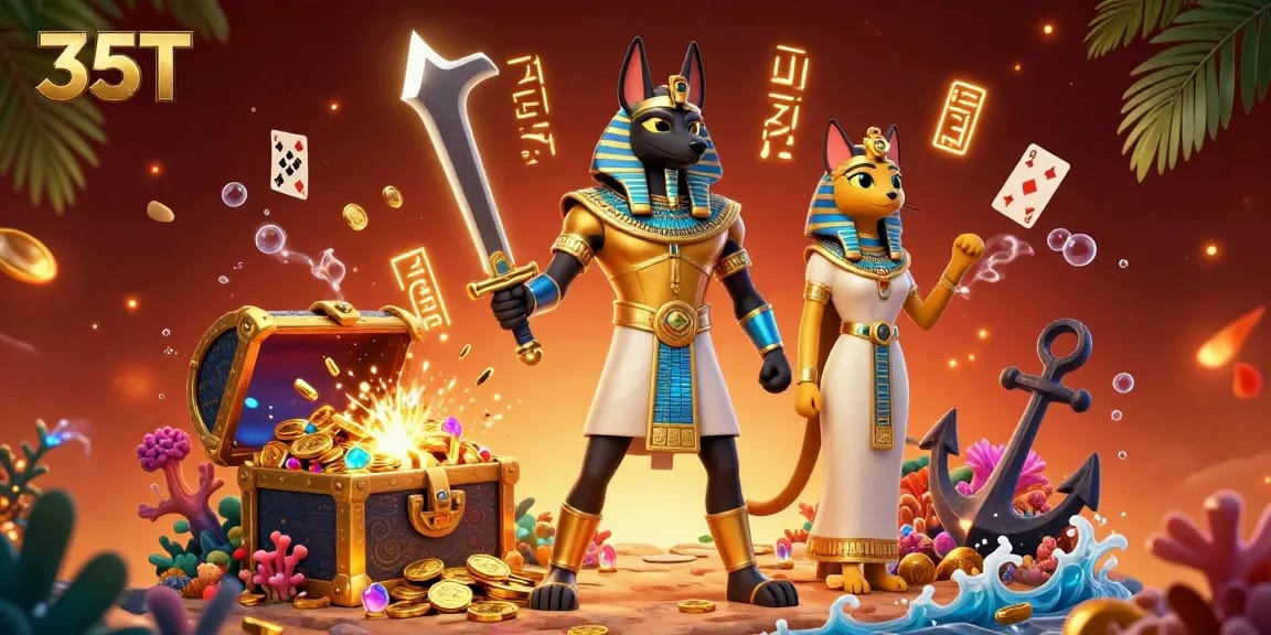 Capture winnings at 35T with Anubis and Bastet amidst vibrant virtual prizes and casino elements.
