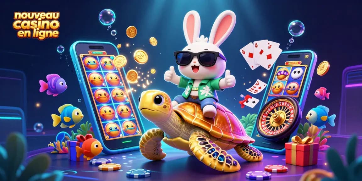 Découvrez le nouveau casino en ligne avec ce lapin chanceux sur une tortue dorée dans un environnement festif.