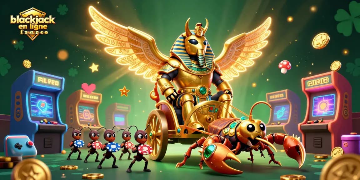 Jouez au blackjack en ligne France avec un scarabée doré majestueux sur un chariot, entouré de jetons et de machines d'arcade scintillantes.